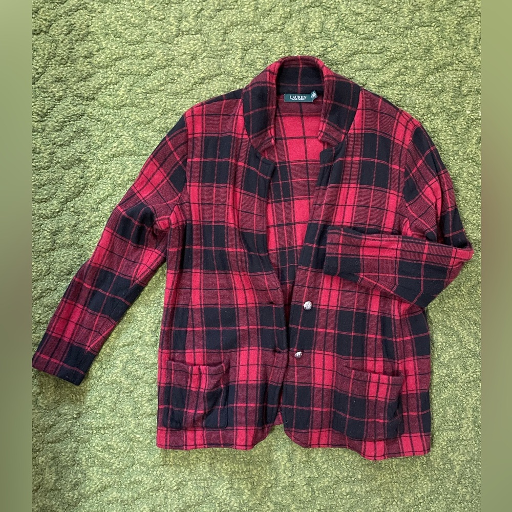 Ralph Lauren Red and Black Plaid Cashmere Cardigan - Picture 2 of 9